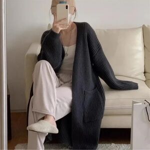 Cozy Black Chunky Cable Knit Open Front Pockets Long Cardigan S M L XL